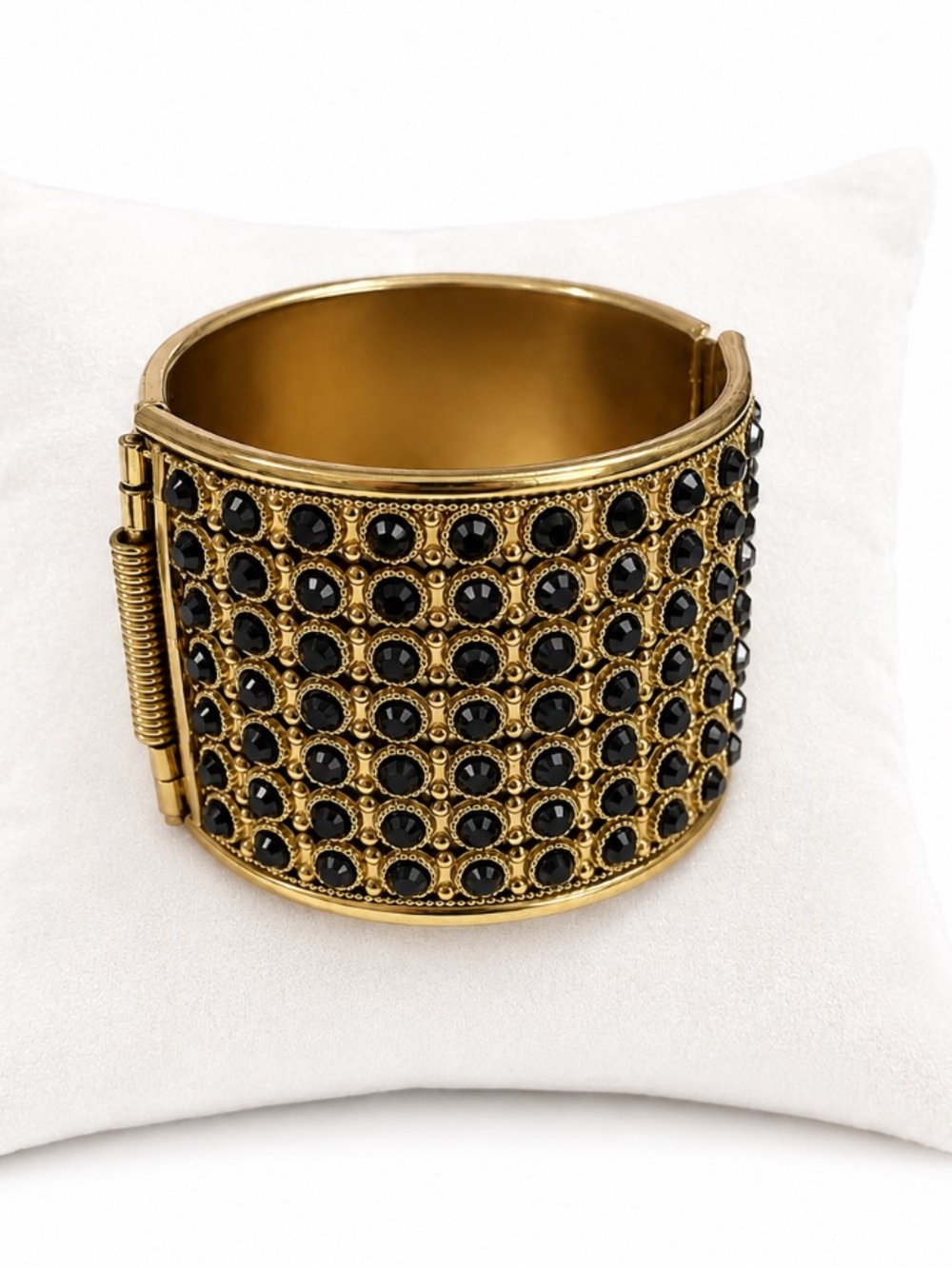 Gold-Tone Wide Hinged Clamper Bracelet with Black Faceted Crystal Accents